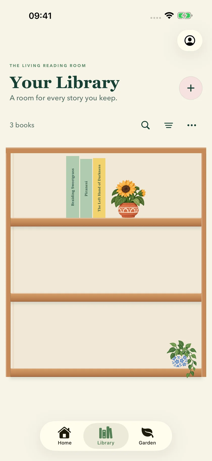 Burrow Library preview with an illustrated wooden bookcase and books